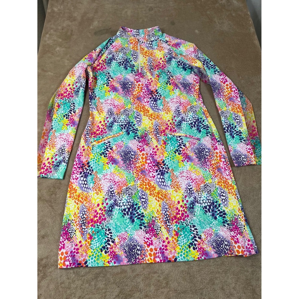 IBKUL Lessie Mock Neck Dress Women's M Multi-color AOP Abstract Nylon L/S EUC